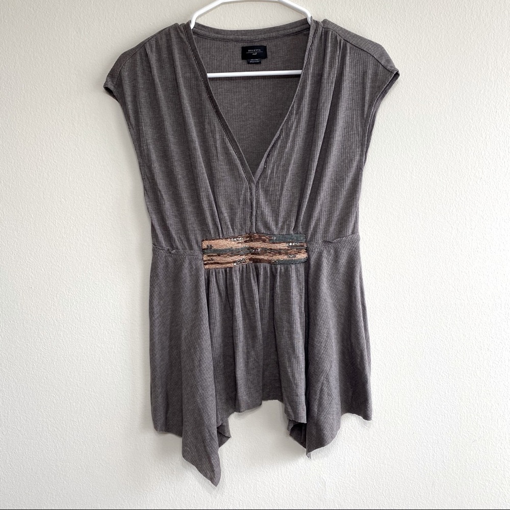 Deletta Brown Beaded Short Sleeve Top